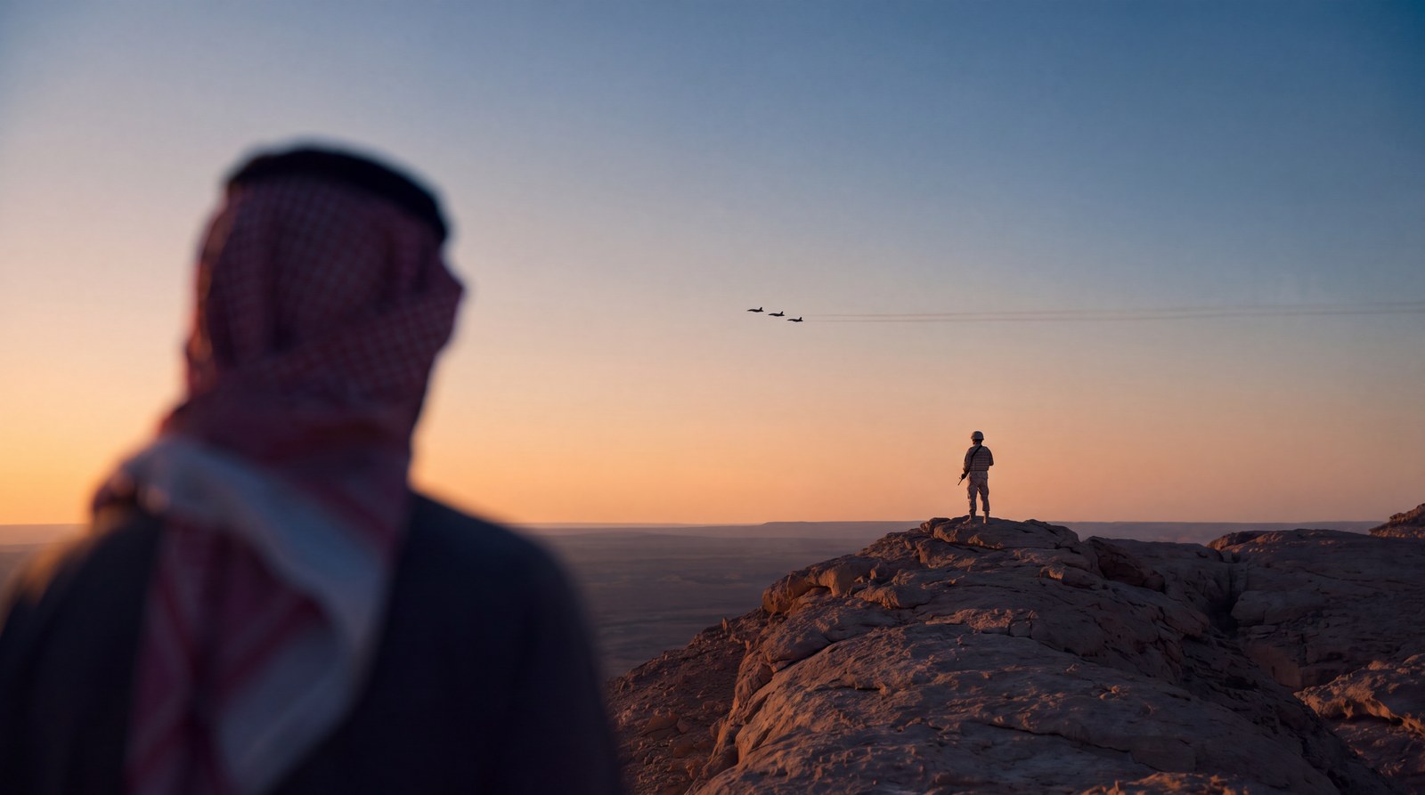 لقطة الختام: ظهر شاب بشماغ Richy قريب من العدسة وبدون تركيز، يشوف الجندي على حافة الجبل، والجندي يشوف الطيارات في سماء الغروب. ثم الشعار.